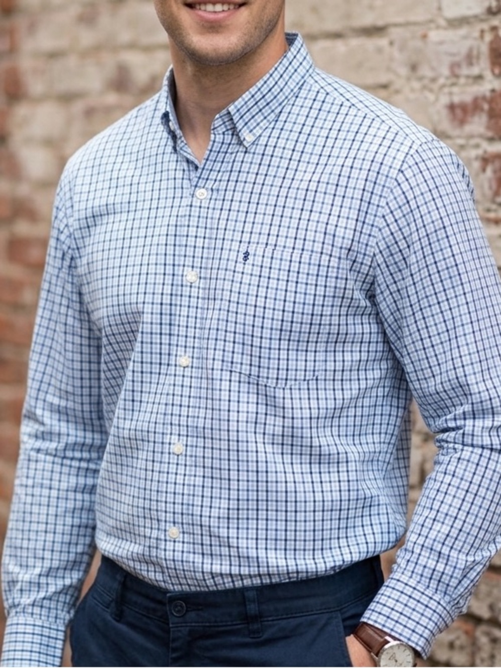 IZOD Men's Long Sleeve Button Down Shirt Plaid Blue White Check-Large